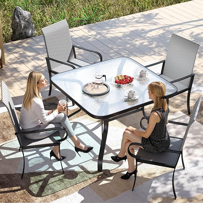 Outsunny Set of 4 Outdoor Wicker Dining Chairs, All-Weather Rattan Armchairs with Armrests, Steel Frame, High Back and Deep Seating, for Garden, Patio, Deck, Yard, Poolside, Gray