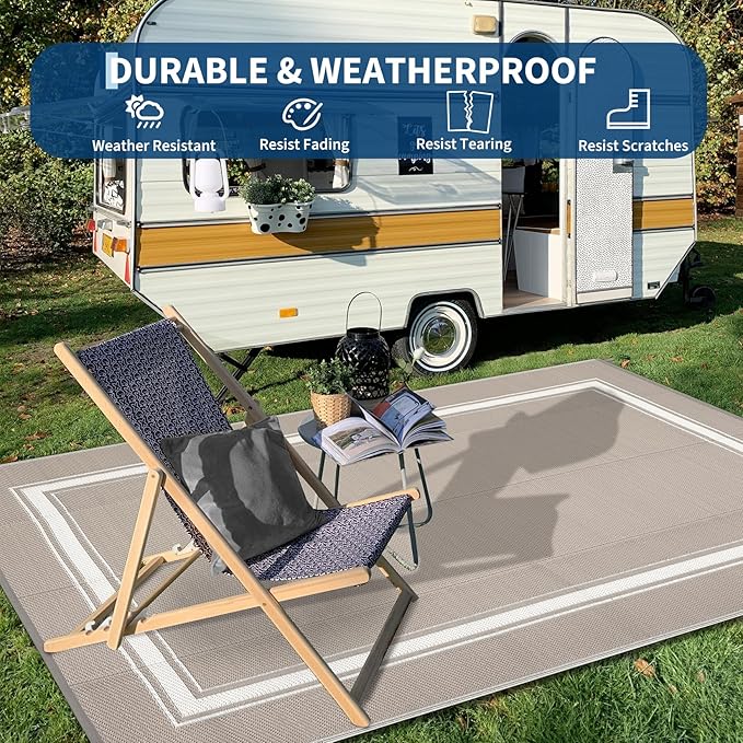 COZYLOOM Extra Large Outdoor Rug 10x20 Foldable Waterproof Patio Rug, UV Resistant Reversible RV Picnic Mat, Outside Plastic Straw Carpet for Yard Deck Garden Balcony, Dusty Taupe