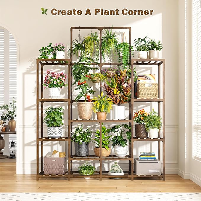 EnHomee Plant Stand Indoor Tall Plant Stand Outdoor Large Wood Plant Shelf Indoor for 18 Pots Plants,4-tiers Plant Holder for Patio Living Room Gardening Balcony 45" Wx62.1 Hx11.78 D