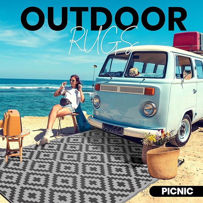 Utopia Home Waterproof Outdoor Rug for Patio 6 x 9 ft, Reversible Plastic Straw Mat for Camping, Picnics, Balcony, Patio, Diamond - Black & Grey