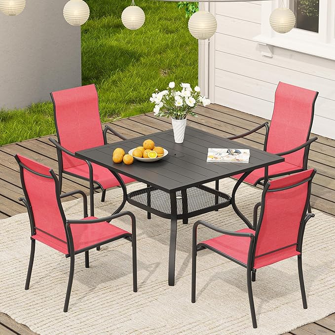 VICLLAX Patio Stackable Dining Chairs Set of 4, Outdoor Sling Chairs with Breathable Fabric and High Back for Balcony Porch Backyard, Red