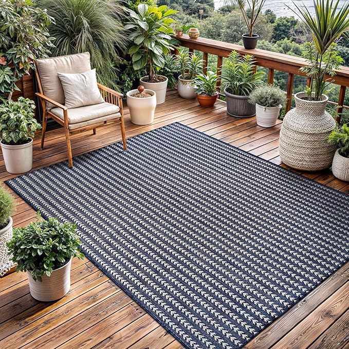 Washable Outdoor Rug 8x10 Modern Area Rugs Outdoor Carpets Striped Pattern Non Shedding Waterproof Easy Clean Patio Deck Porch Living Room Bedroom Garden RV (8 X 10 Navy)