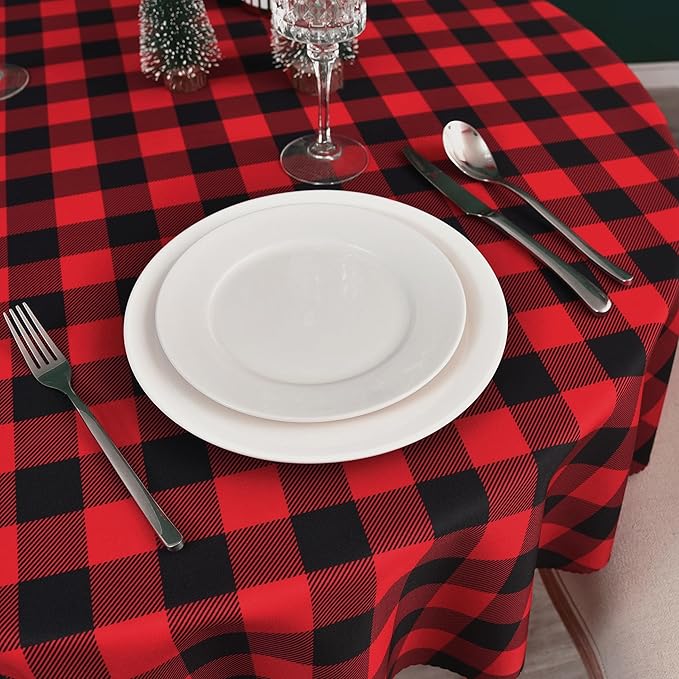 Waterproof Plaid Tablecloth Fabric - Round 120 Inch Classic Gingham Checker Table Cloth for Indoor/Outdoor Use - Buffalo Table Cover for Picnics, BBQs, and Parties