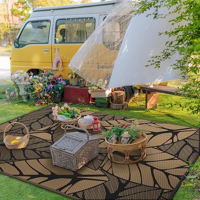 GENIMO Outdoor Rug 6' x 9' Waterproof for Patio Clearance, Reversible Plastic Straw Camping Carpet, Lightweight Mat for Rv, Camper, Deck, Porch, Picnic, Balcony, Beach, F.Black & Brown