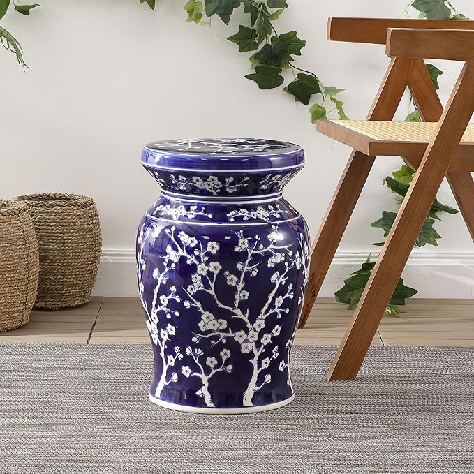 JONATHAN Y TBL1017A Cherry Blossom 17.7" Ceramic Indoor/Outdoor Garden Stool, Coastal, Contemporary, Transitional, Side Table, Plant Stand, Spill-Proof, Living Room, Garden Room, Patio, Navy/White