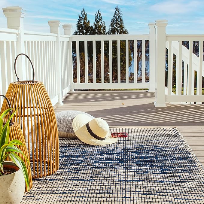 Fab Habitat Outdoor Rug - Waterproof, Fade Resistant, Crease-Free - Premium Recycled Plastic - Distressed Abstract - Porch, Deck, Balcony, Mudroom, Laundry Room, Patio - Brooklyn - Blue - 3 x 5 ft
