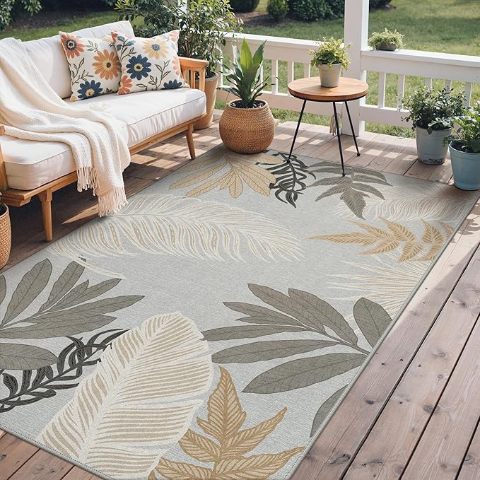 GENIMO Outdoor & Indoor Area Rug 8'x10', Waterproof, Non-Shedding, Easy Cleaning, Leaf Mat for Patio, Living Room, Balcony, Dining Room, RV, Deck, Bedroom, Camping, Outside Carpet, Sand Grey