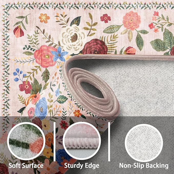 Floral Rug for Entryway, 2X3 Washable Kitchen Mat Ultra-Thin Soft, Non-Slip Indoor Door Carpet Stain Resistant Boho Small Low-Pile Throw for Bathroom Bedroom (2 x 3, Beige/Pink Lawn)