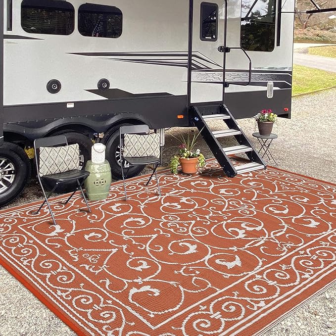 MilleLoomi 9x12 Outdoor Rug Waterproof Foldable Plastic Straw Carpet for Patio Porch Vintage Reversible Mat Lightweight Floor Mat for Picnic, Backyard, Rv, Beach, Deck, Camper, Balcony，Orange