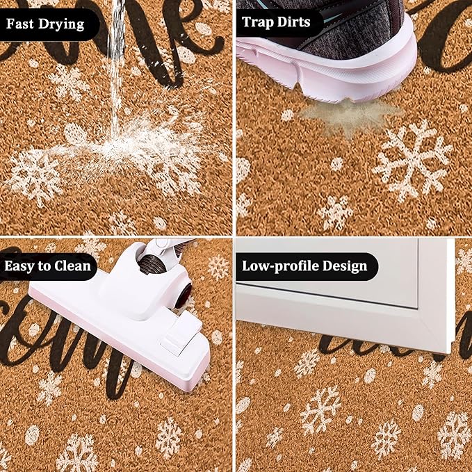 Winter Snowflake Welcome Mat Chirstmas Doormat Outside Entrance, Faux-Coir Seasonal Entryway-Rug Non-Slip Dirt-Trapping Thin Door Mat 17"x30" for Front Door, Indoor, Outdoor, Porch