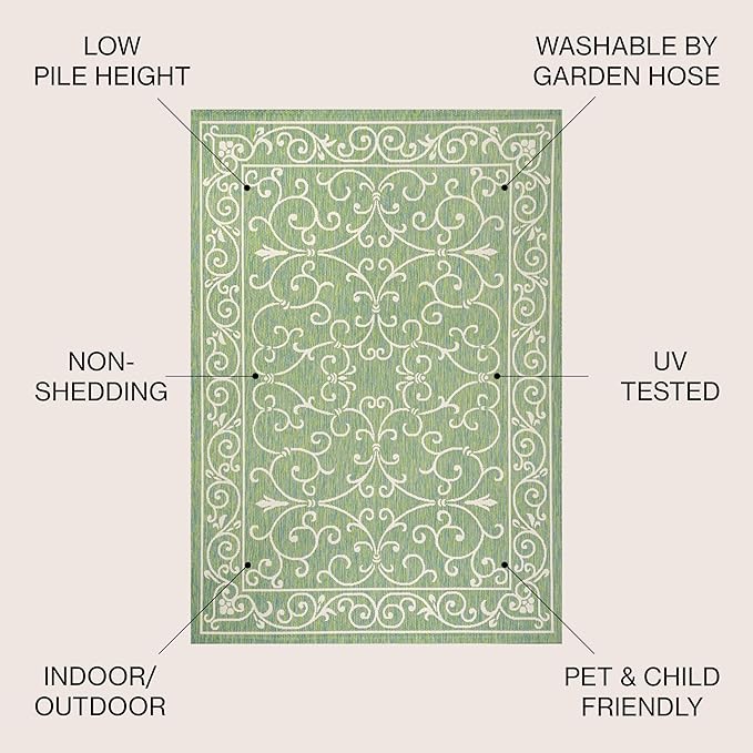 JONATHAN Y Vintage Filigree Indoor Outdoor Area Rug 4X6 Green/Ivory, Charleston Textured Weave for Backyard, Patio, Porch, Easy-Cleaning, High Traffic, Pet-Friendly, Non-Shedding (SMB106K-4)