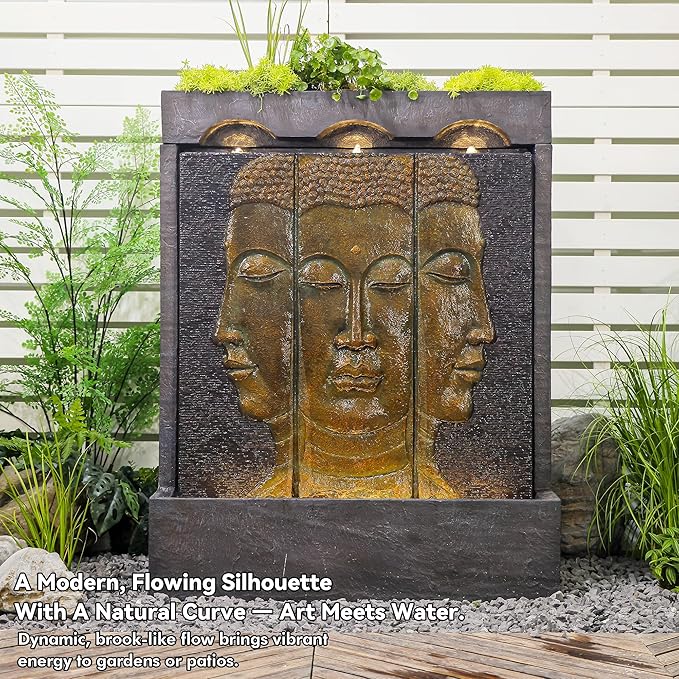 45" Outdoor Fountain Zen Buddha Face Wall Fountains and Waterfalls with Planting Groove for Meditation Room Balcony Home Garden Patio, Gold