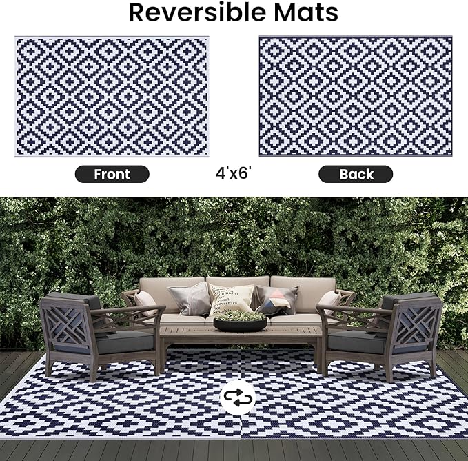 Smiry Waterproof Outdoor Rug 4x6 ft, Reversible Plastic Straw Patio Camping Rugs, Outdoor Indoor RV Mat Carpet for Patio, Outside Entry, Backyard, Deck, Bench, Picnic, Camper, White & Navy