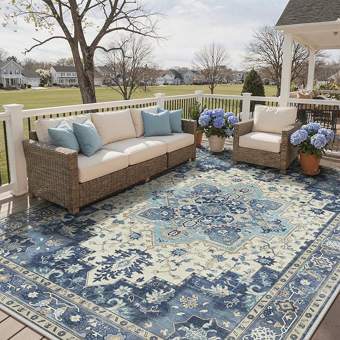 GENIMO Outdoor & Indoor Area Rug 10'x14', Waterproof, Non-Shedding, Easy Cleaning, Boho Mat for Patio, Living Room, Balcony, Dining Room, RV, Deck, Bedroom, Camping, Outside Carpet,Center Blue