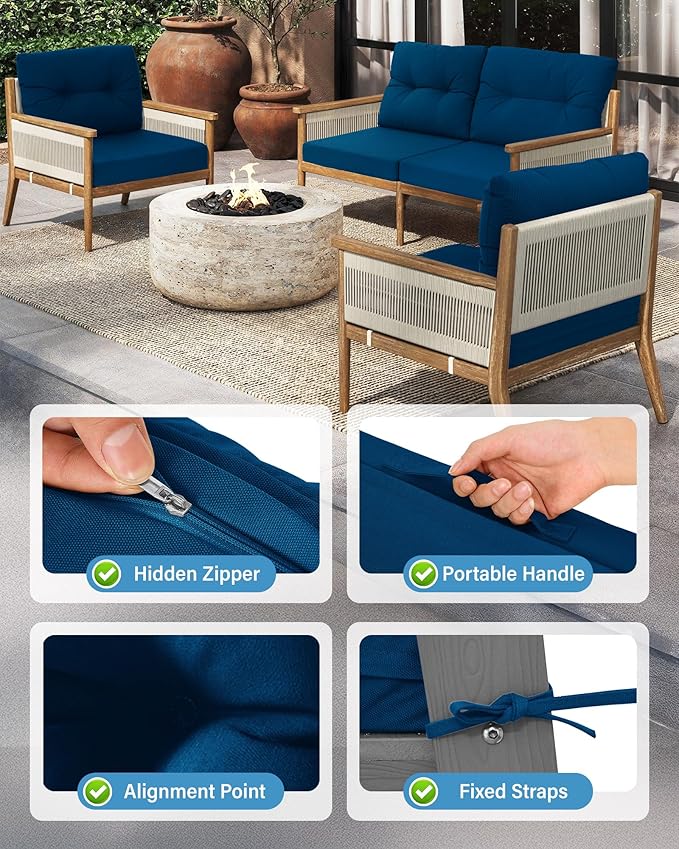YEFU Outdoor Cushions for Patio Furniture: Waterproof Fade-Resistant Outdoor Chair Cushions Set of 4 - Deep Seat Patio Cushions Replacement with Ties for Chair Sofa Couch - 24 x 24 Inch(Navy)