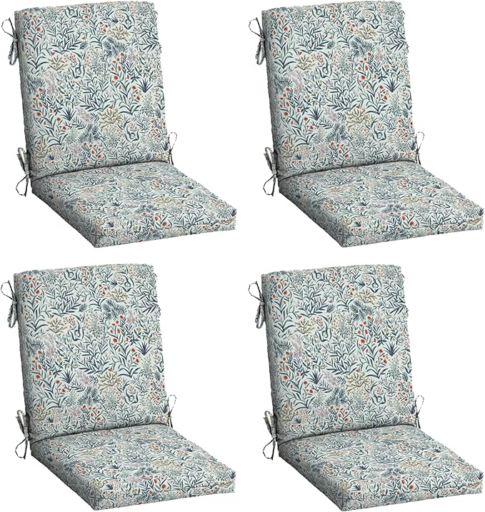 Arden 4-Pack Outdoor Patio Dining Chair Cushion, 20x44, Rain-Proof Seat Pad, Fade-Resistant Outdoor Cushion Pistachio Botanical