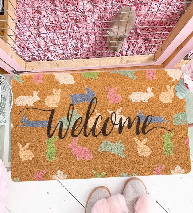 Easter Bunny Welcome Doormat Outdoor Entrance, Spring Cute Rabbit Decor Porch Front Door Mat Outside, 17"X30" Faux-Coir Seasonal Bunny-Rug, Non-Slip Dirt-Trapping for Outside Home Garden Farm