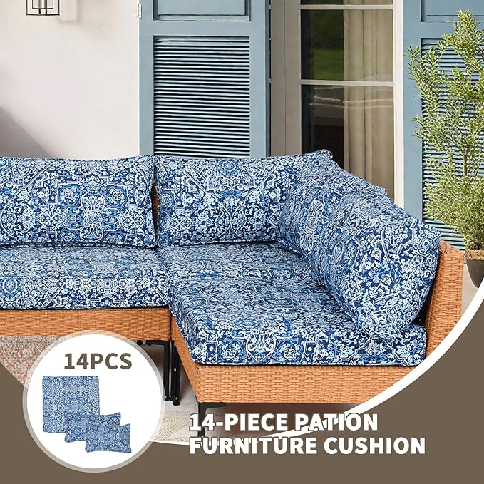 14Piece Outdoor Sofa Cushion Replacement, Patio Furniture Waterproof Cushion with Zippers, fit 6-Seat Outdoor Wicker Rattan Sectional Couch (Blue Charm, 25.6"x25.6"x3.9")