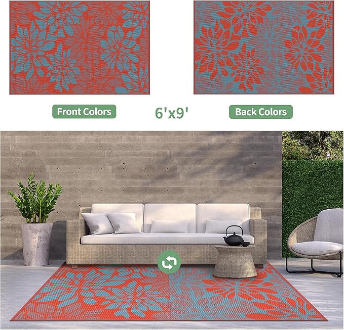 GENIMO Outdoor Rug Waterproof for Patio Decor, 6' x 9' Reversible Plastic Straw Floral Camping Carpet, Large Area Rugs Mats for RV, Camper, Deck, Balcony, Porch, Beach, Picnic, Red & Blue