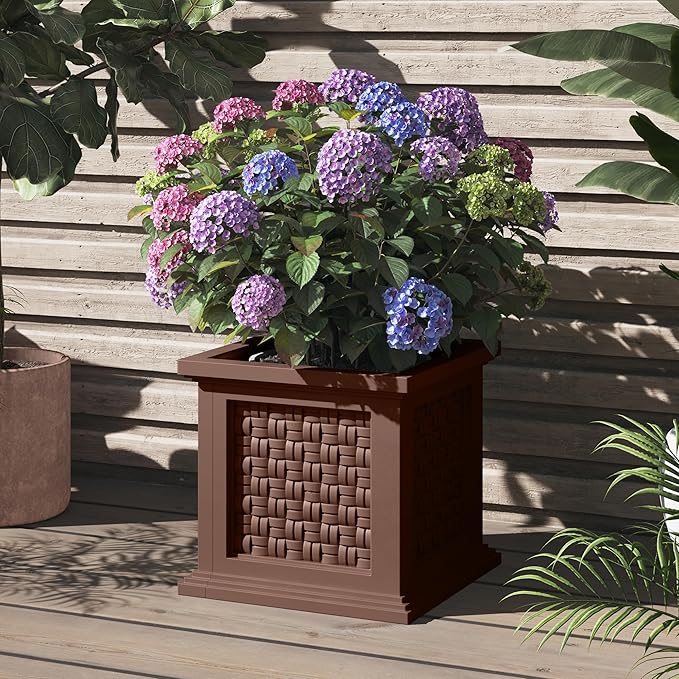 Rattan Style Outdoor Planter Box - 14.65-Inch-Square Decorative Flower or Plant Pot - Garden, Patio and Front Porch Decor by Pure Garden (Brown)