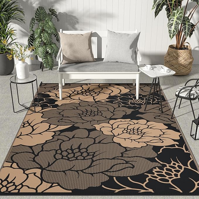 GENIMO Outdoor Rug Waterproof for Patio Decor, 9' x 12' Reversible Plastic Straw Floral Camping Carpet, Large Area Rugs Mats for RV, Camper, Deck, Balcony, Porch, Beach, Picnic, Mix-Black & Brown