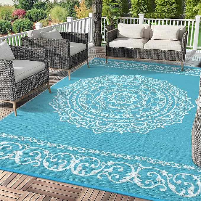 GAOMON Outdoor Rug Waterproof 9x12 Durable Indoor Outdoor RV Mat, Reversible Camping Carpet, Foldable Plastic Straw Rug for Patio, Porch, Deck, Balcony, Beach, Teal/White(Medallion)