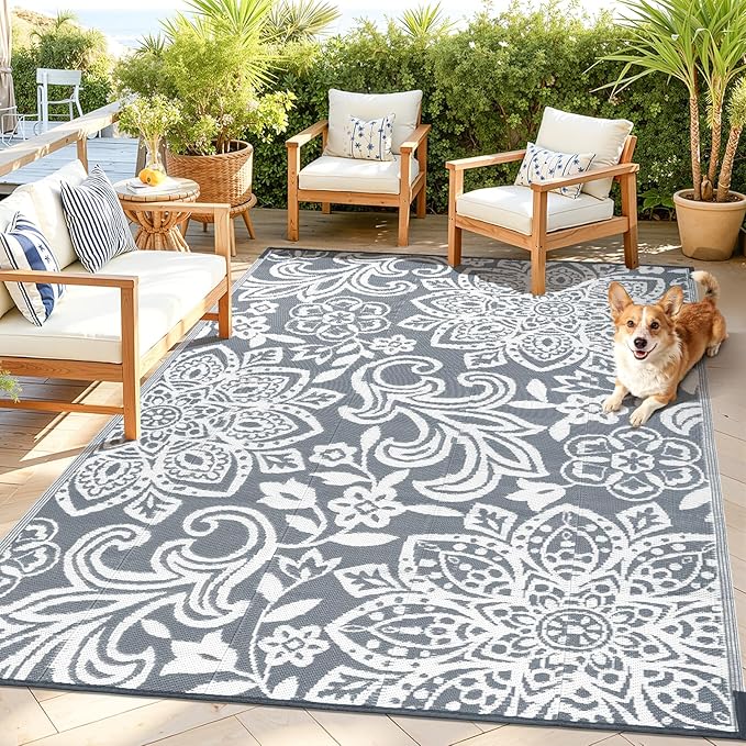 Findosom Waterproof Outdoor Rug 5' x 8' - Reversible Mandala Outdoor Plastic Straw Rug, Durable Foldable Patio Rug for RV, Deck, Balcony, Backyard, Picnic, Porch, Camping, Beach, Gray