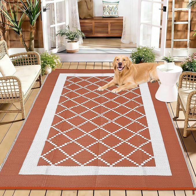 Outdoor Rug 10x20 Waterproof Reversible Mat Indoor Outdoor Plastic Straw Rus Carpet All Weather Modern Trellis RV Mat Carpet for Patio Deck Balcony Pool Picnic Orange/White