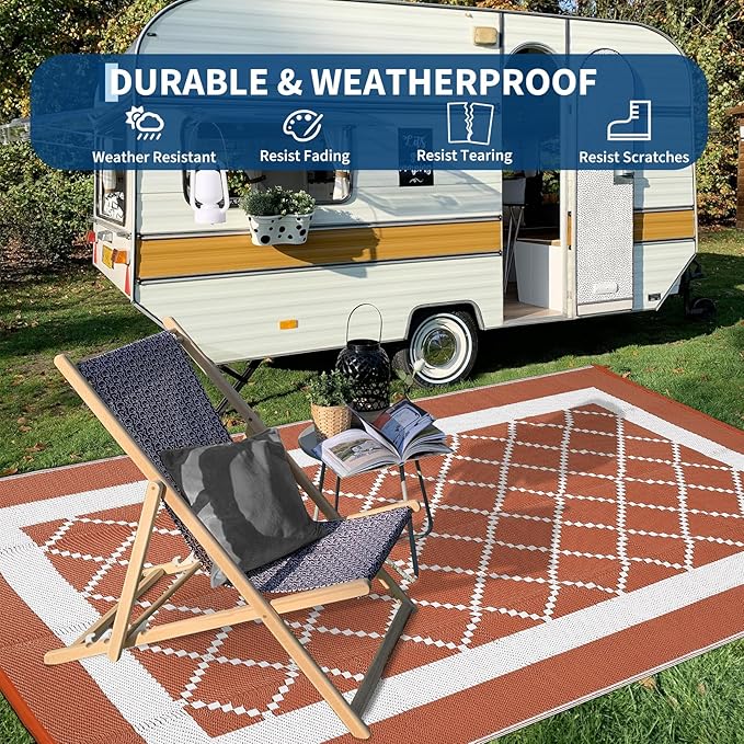 COZYLOOM Outdoor Rug Waterproof 10x20 Reversible Patio Rugs, Extra Large Modern RV Camping Carpet, Indoor Outdoor Plastic Straw Rug for Deck, Picnic, Beach, Garden, Terracotta