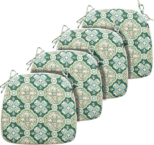 FUNHOME Outdoor Chair Cushions Set of 4, Water-Repellent Patio Seat Cushions D16xW17 Inch, All Weather Patio Chair Pads with Tie for Furniture Garden Home Office Decoration, Green Medal