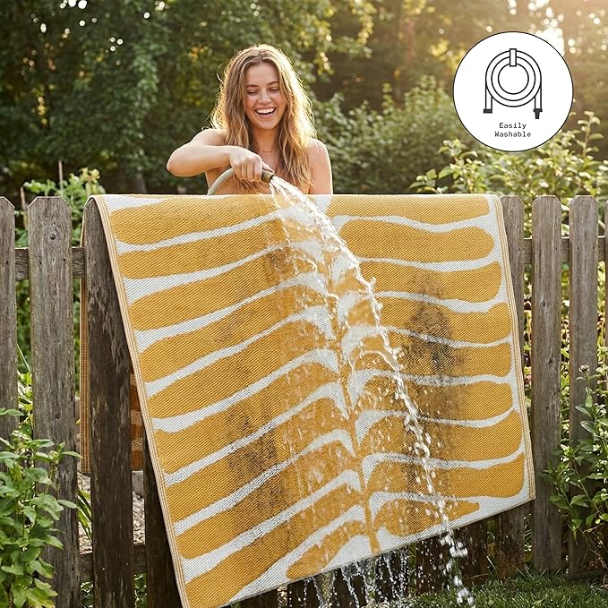 Fab Habitat Tropical Botanical Floral Outdoor Rug - Waterproof, Crease-Free Fade Resistant, Reversible - Recycled Plastic - Patio Porch Balcony Deck Yard Garden - Hilo Honey - 5x8 ft