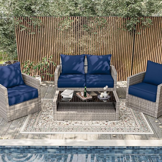 Outdoor Patio Chair Cushions Set 24 L X 24 W X 5 H Waterproof & Fade Resistant Deep Seat and Back Cushions with Removable Covers Outdoor Seat Cushion Set for Chairs and Sofas