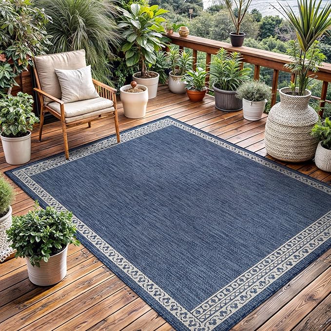 Washable Outdoor Rug 8x10 Modern Area Rugs Outdoor Carpets Bordered Pattern Non Shedding Waterproof Easy Clean Patio Deck Porch Living Room Bedroom Garden RV (8 X 10 Blue)