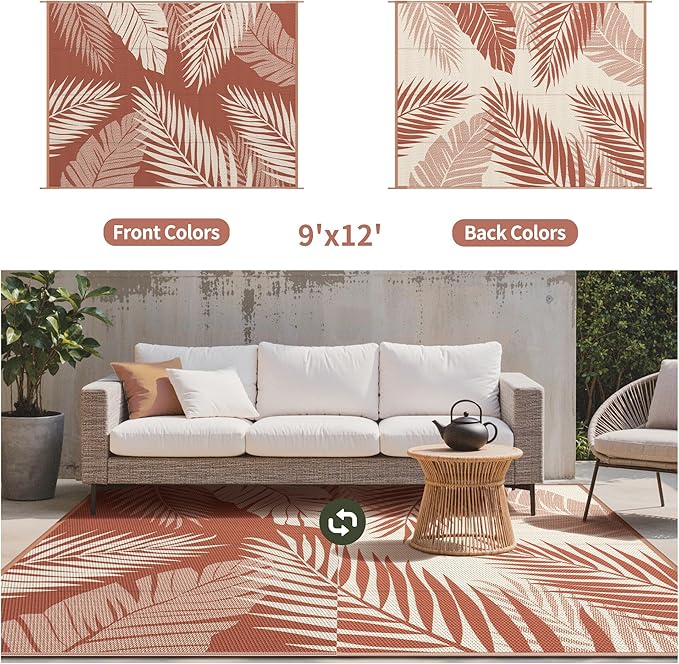 GENIMO Outdoor Rug 9' x 12' Waterproof for Patios Clearance, Reversible Plastic Straw Camping Carpet, Large Area Rugs Mats for RV, Picnic, Backyard, Deck, Balcony, Porch, Beach, Brick&Red
