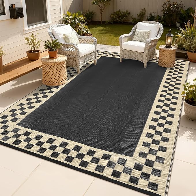 Garvee 8x10 Outdoor Waterproof Rug Reversible Modern Geometric Neutral Outdoor Patio Rug, Weather Resistant Plastic Straw Rugs Portable Camping Carpet for Garden Backyard Balcony, Black & Beige