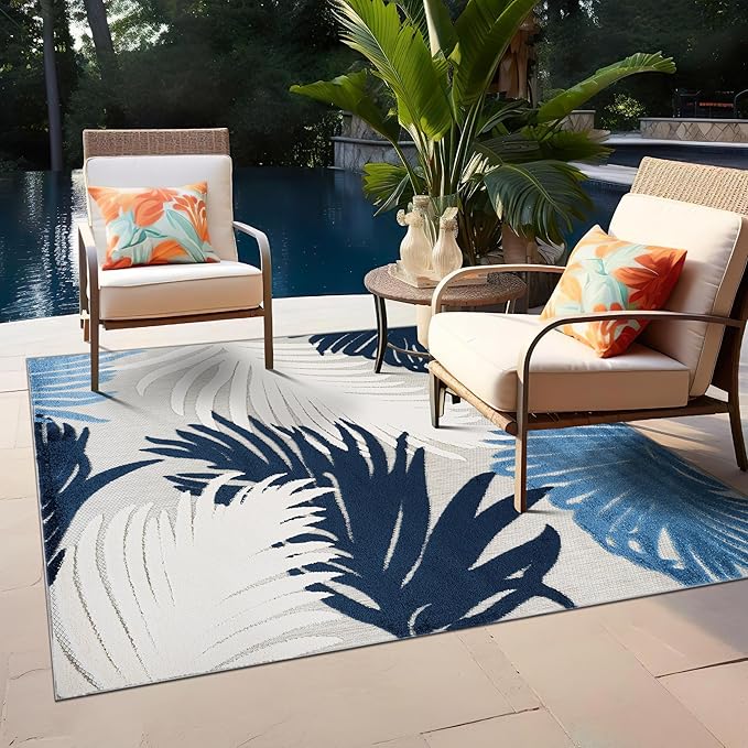 Rugshop Navy Lucca Contemporary Floral Indoor/Outdoor Square Area Rug Durable Polypropylene, Weather Resistant, Easy to Clean Perfect for Patio, Backyard, Deck and Outdoor Lounge 6'6" x 6'6" Square