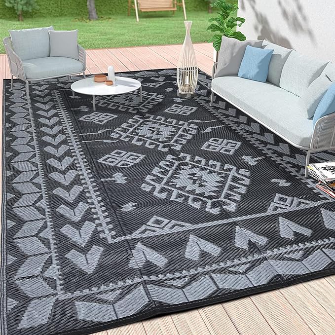 Pendolr Outdoor Rugs for Patio Clearance - 5'x8' Waterproof Reversible Indoor Outdoor Rug Carpet, Portable Plastic Straw Rug for RV Camping, Picnic, Beach, Porch, Deck(Rug004#,Black&Gray)