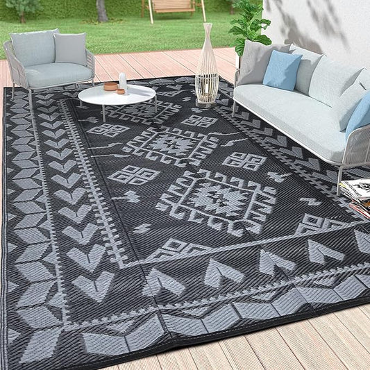 Pendolr Outdoor Rugs for Patio Clearance - 5'x8' Waterproof Reversible Indoor Outdoor Rug Carpet, Portable Plastic Straw Rug for RV Camping, Picnic, Beach, Porch, Deck(Rug004#,Black&Gray)