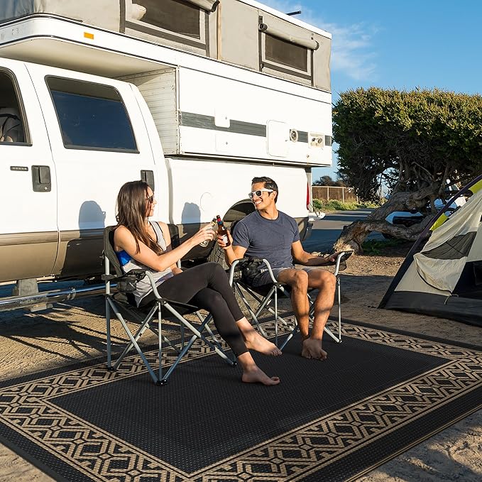 GENIMO Outdoor Rug Waterproof for Patio Decor, 6'x9' Foldable Reversible Plastic Straw Carpet, Outside Area Mat for Rv, Deck, Picnic, Porch, Camper, Balcony, Beach, Black Brown