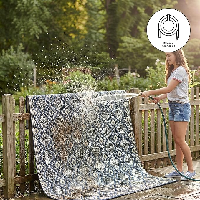 Fab Habitat Outdoor Rug - Waterproof, Fade Resistant, Crease-Free - Premium Recycled Plastic - Boho Geometric Diamond - Patio, Deck, Porch, Balcony, Laundry Room - Rabat - Blue & Cream - 4 x 6 ft