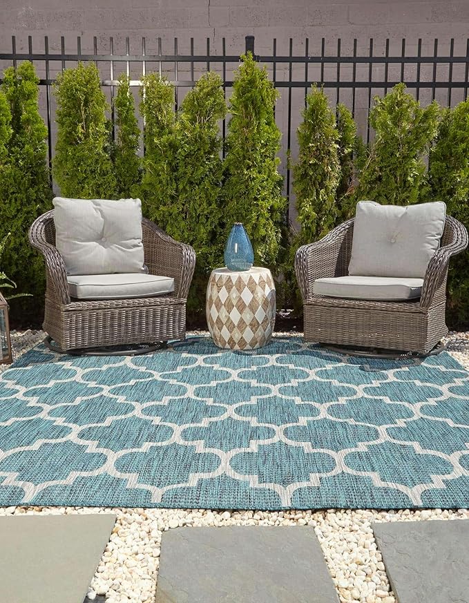 Unique Loom Outdoor Trellis Collection Area Rug (6' 1" Square Teal/Gray)