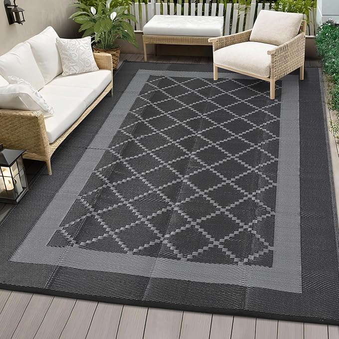 COZYLOOM Outdoor Rug Waterproof 10x20 Reversible Patio Rug, Extra Large Modern RV Camping Carpet, Indoor Outdoor Plastic Straw Mat for Deck Picnic Beach Garden, Black&Grey
