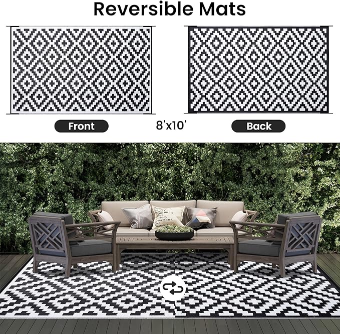 Smiry Waterproof Outdoor Rug 8x10 ft, Reversible Plastic Straw Patio Camping Rugs, Outdoor Indoor RV Mat Carpet for Patio, Outside Entry, Backyard, Deck, Bench, Picnic, Camper, Black & White