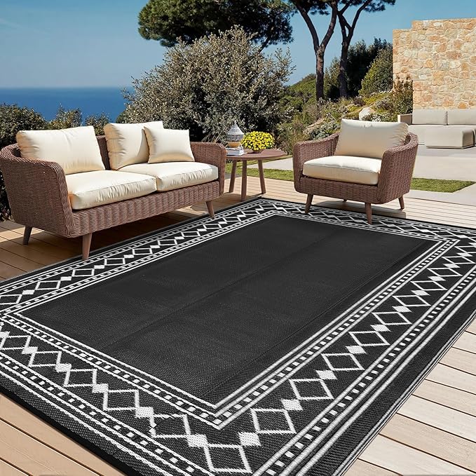 Garvee Outdoor Rug 9x12 Waterproof for Patio, Large Plastic Straw Mat for Camping, Porch, RV, Reversible Rugs for Deck Entryance Picnic Balcony Beach,Black/White