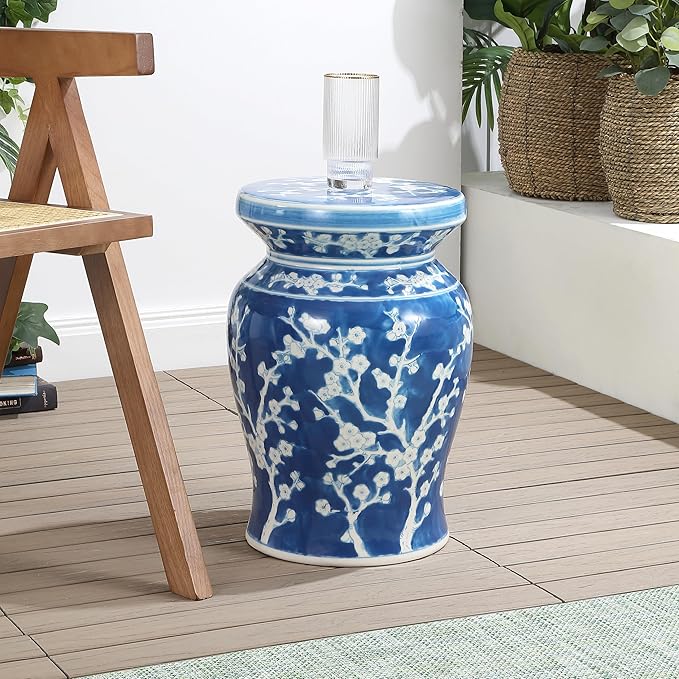 JONATHAN Y TBL1017D Cherry Blossom 17.75" Ceramic Indoor/Outdoor Garden Stool Coastal, Contemporary, Transitional, Patio, Garden Room, Bathroom, Living Room, Blue/White