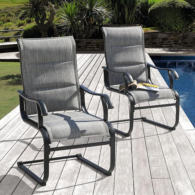 NUU GARDEN Set of 2 Patio Dining Chairs All Weather Outdoor Padded Textilene Chairs with High Back and Spring Motion Design Breathable Outdoor Dining Chairs for Deck Lawn Backyard Grey