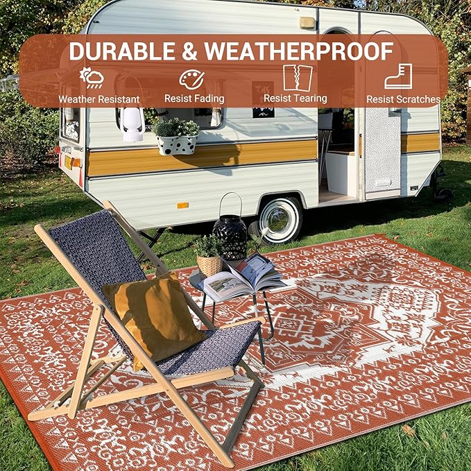 COZYLOOM Outdoor Patio Rug 8x10 Waterproof Reversible Plastic Straw Mat, Large Vintage Medallion Boho Area Rug Indoor Outdoor Rugs for Deck, Balcony, Pool, Camping, Beach, Picnic, Porch, RV