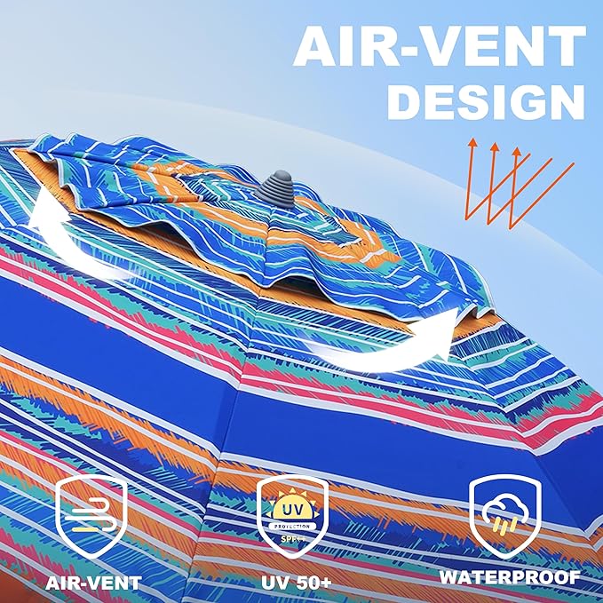 AMMSUN 7ft Beach Umbrella with Sand Anchor Portable Outdoor Patio Sun Shelter UV 50+ Protection & Tilt Aluminum Pole Air Vent with Carry Bag for Beach Patio Garden Outdoor Multicolor Blue
