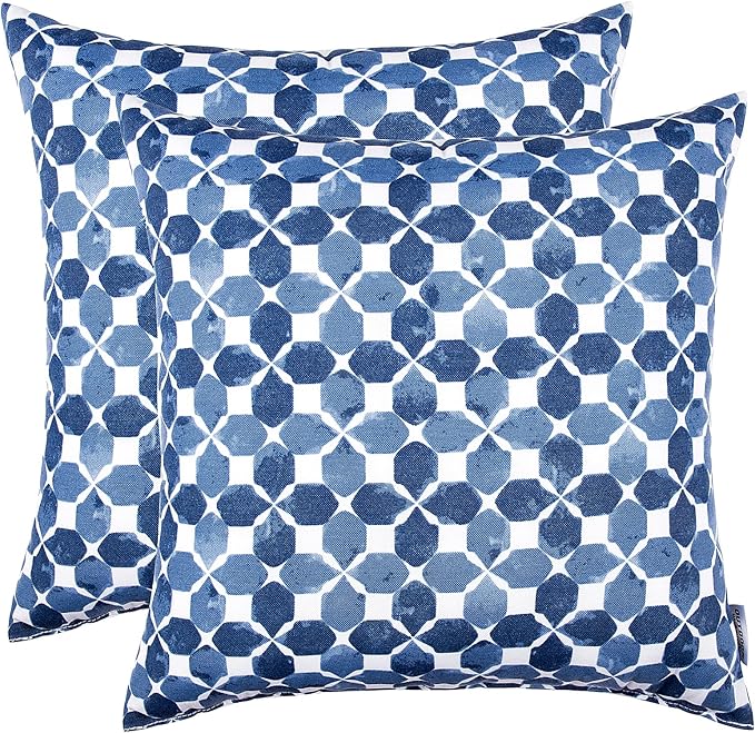 JMGBird Waterproof Outdoor Pillows Set of 2, 18x18 inch Weather Resistant White with Diamond Blue Petal Pattern Throw Pillows with Inserts for Patio Furniture