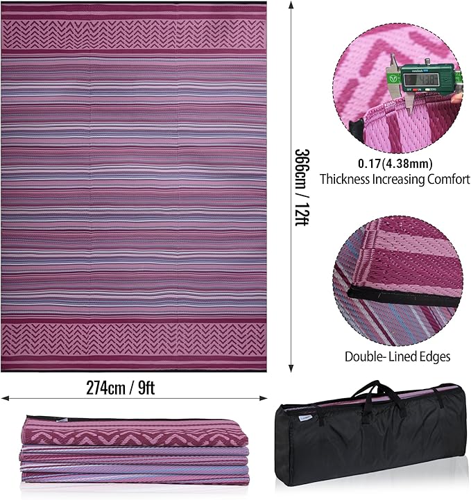 Reversible Outdoor/Indoor Plastic Rug Plastic Straw Rug Waterproof Portable Mat, Easy to Clean and Fold,Perfect for Garden, Patio, Picnic, Decking-（Pink Purple,9x12Ft）